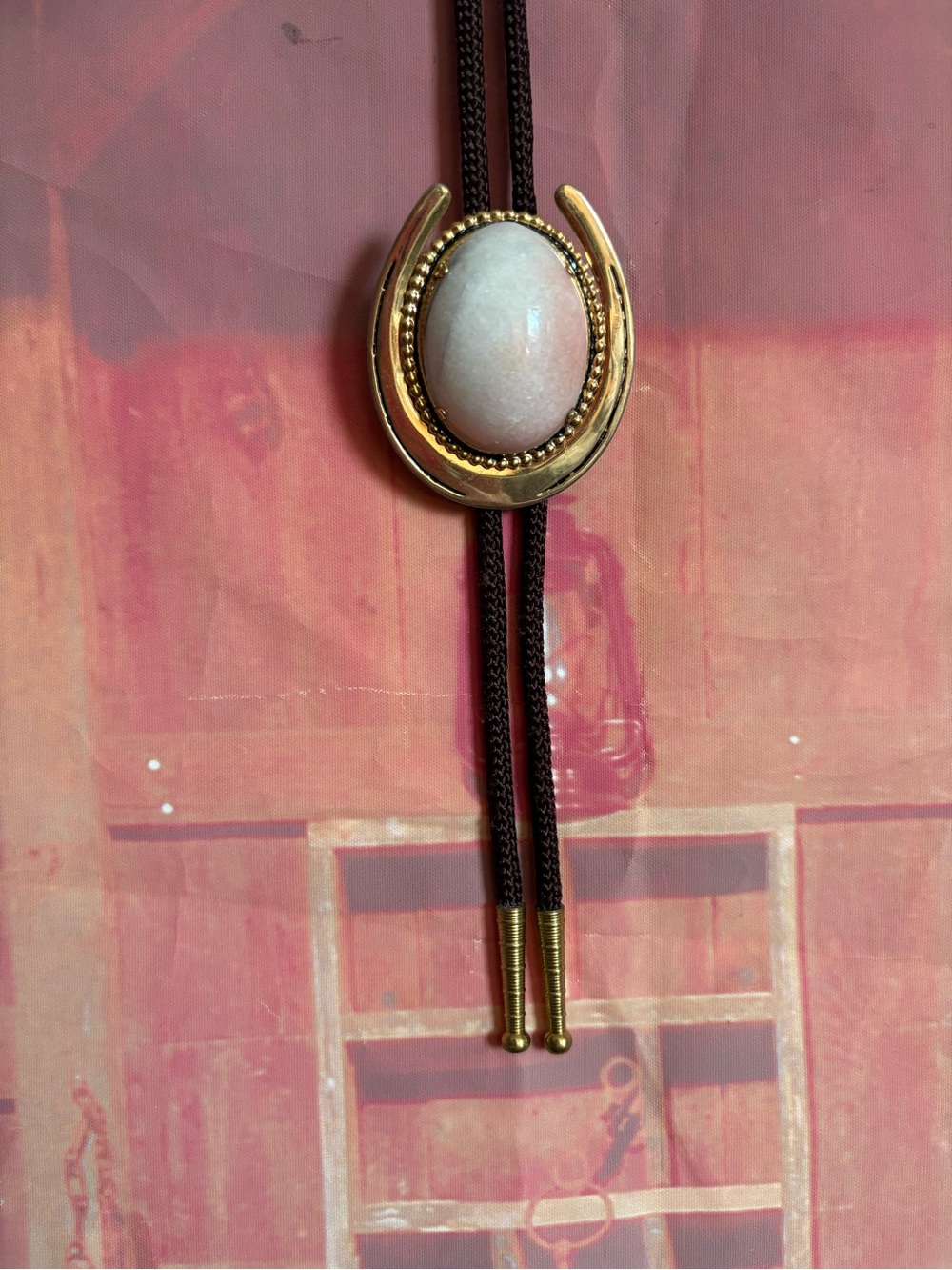 Vintage Milky Quartz Horseshoe Bolo Tie Large Stone Dark Brown